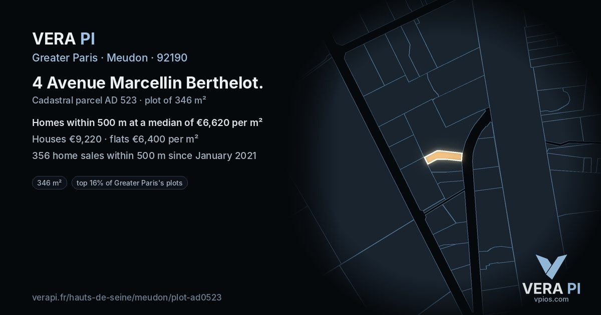 4 Avenue Marcellin Berthelot, Meudon at night – the plot lit, the parcels around coloured by the prices near them