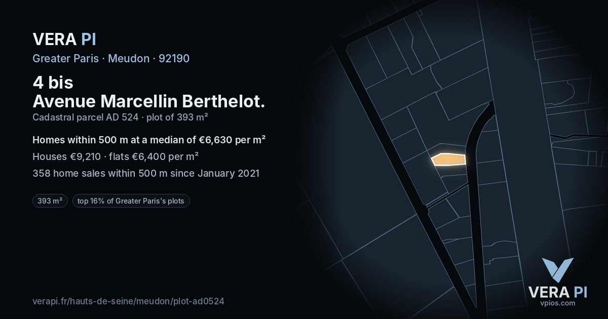 4 bis Avenue Marcellin Berthelot, Meudon at night – the plot lit, the parcels around coloured by the prices near them