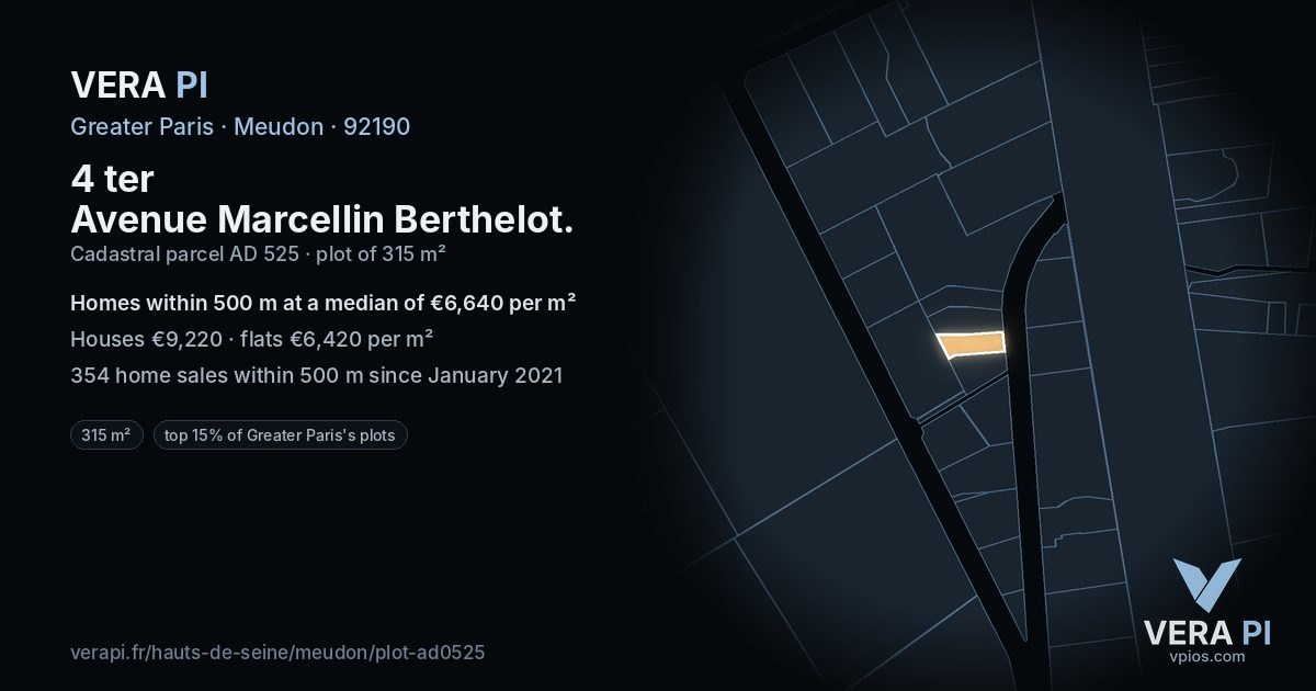 4 ter Avenue Marcellin Berthelot, Meudon at night – the plot lit, the parcels around coloured by the prices near them