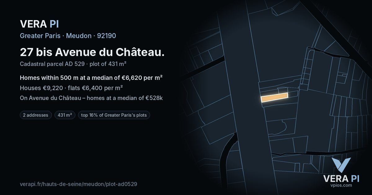 27 bis Avenue du Château, Meudon at night – the plot lit, the parcels around coloured by the prices near them