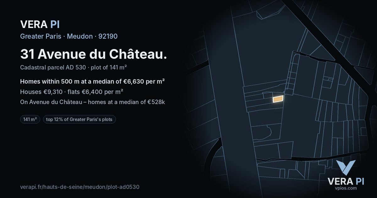 31 Avenue du Château, Meudon at night – the plot lit, the parcels around coloured by the prices near them