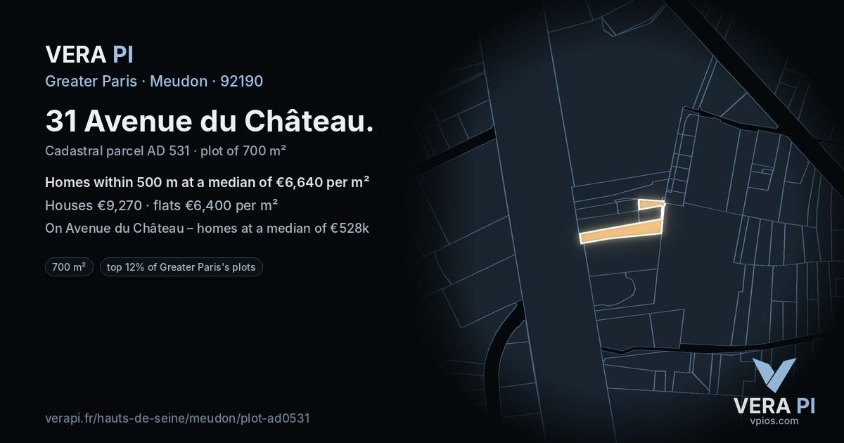 31 Avenue du Château, Meudon at night – the plot lit, the parcels around coloured by the prices near them