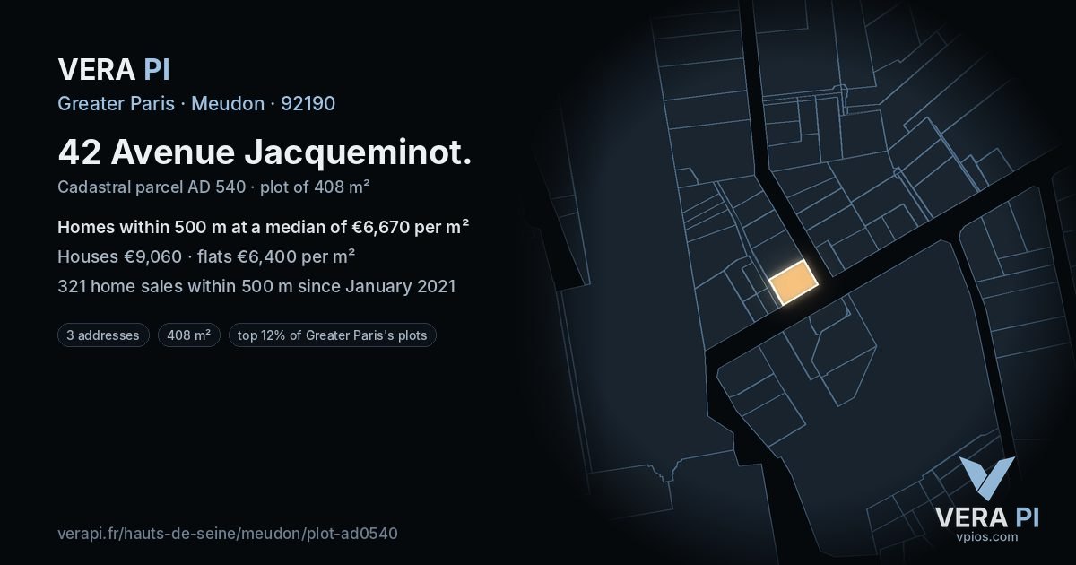 42 Avenue Jacqueminot, Meudon at night – the plot lit, the parcels around coloured by the prices near them