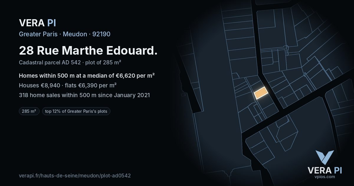 28 Rue Marthe Edouard, Meudon at night – the plot lit, the parcels around coloured by the prices near them