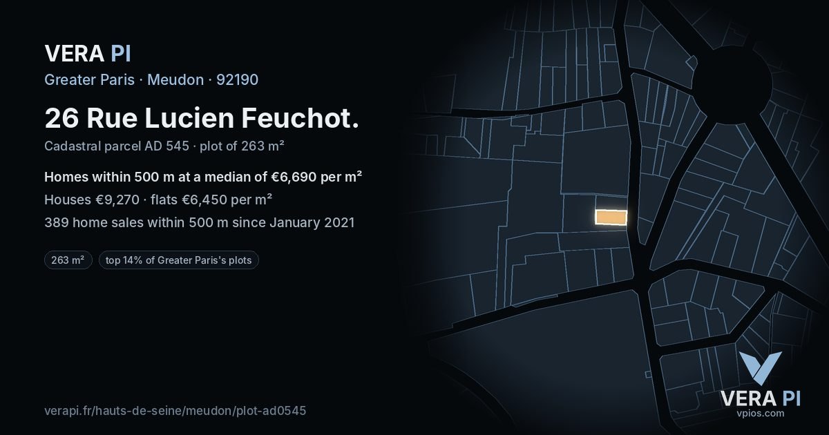 26 Rue Lucien Feuchot, Meudon at night – the plot lit, the parcels around coloured by the prices near them