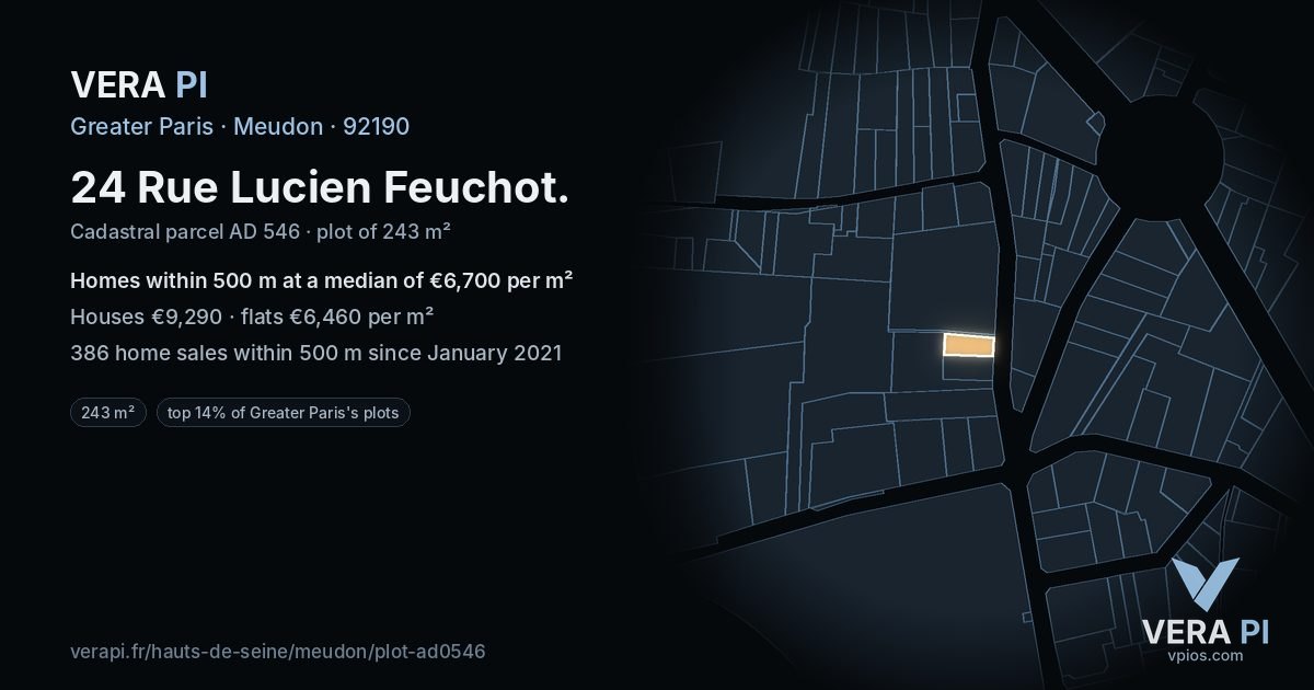 24 Rue Lucien Feuchot, Meudon at night – the plot lit, the parcels around coloured by the prices near them