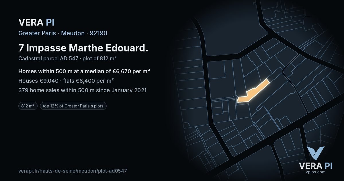 7 Impasse Marthe Edouard, Meudon at night – the plot lit, the parcels around coloured by the prices near them