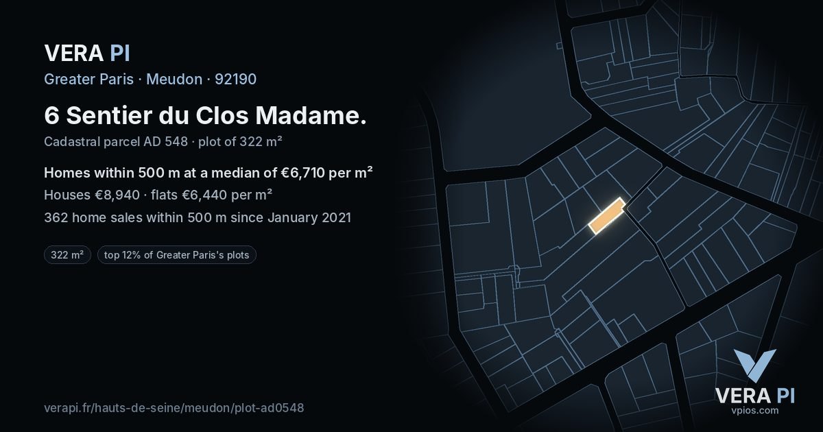 6 Sentier du Clos Madame, Meudon at night – the plot lit, the parcels around coloured by the prices near them