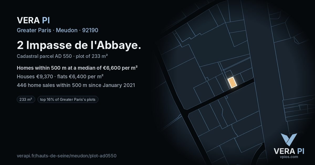 2 Impasse de l'Abbaye, Meudon at night – the plot lit, the parcels around coloured by the prices near them