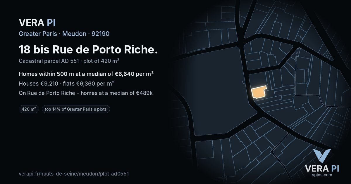 18 bis Rue de Porto Riche, Meudon at night – the plot lit, the parcels around coloured by the prices near them