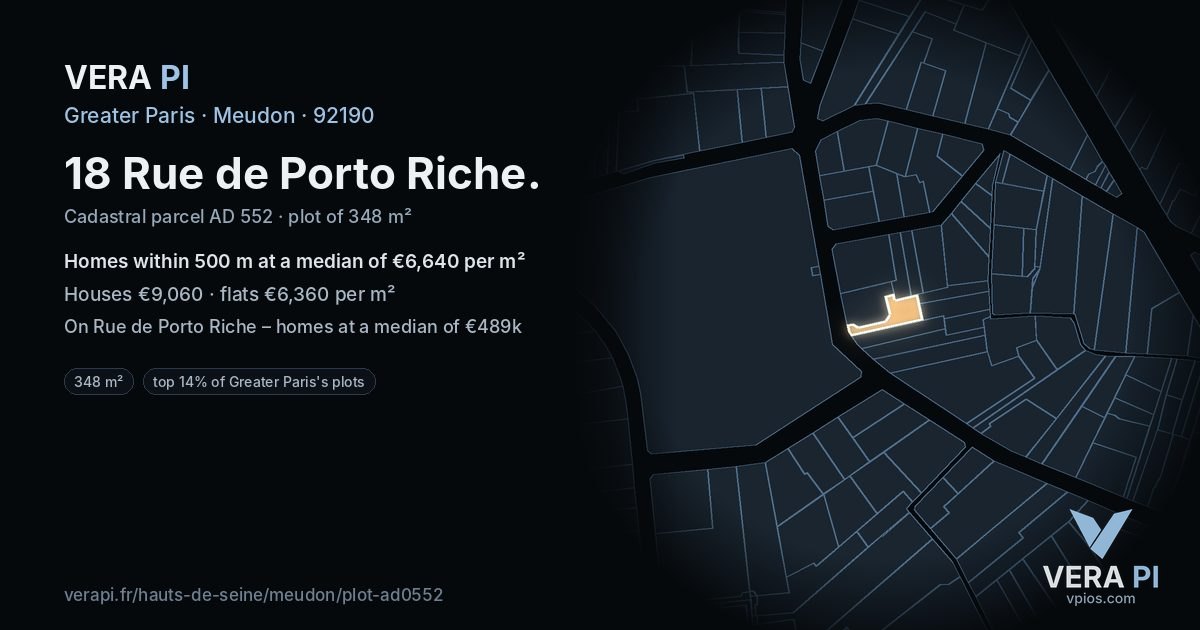 18 Rue de Porto Riche, Meudon at night – the plot lit, the parcels around coloured by the prices near them