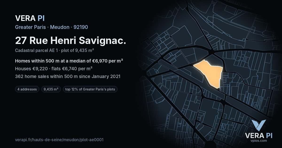 27 Rue Henri Savignac, Meudon at night – the plot lit, the parcels around coloured by the prices near them