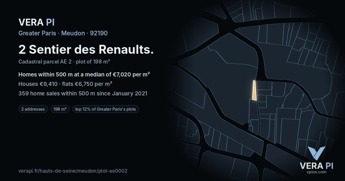 2 Sentier des Renaults, Meudon at night – the plot lit, the parcels around coloured by the prices near them