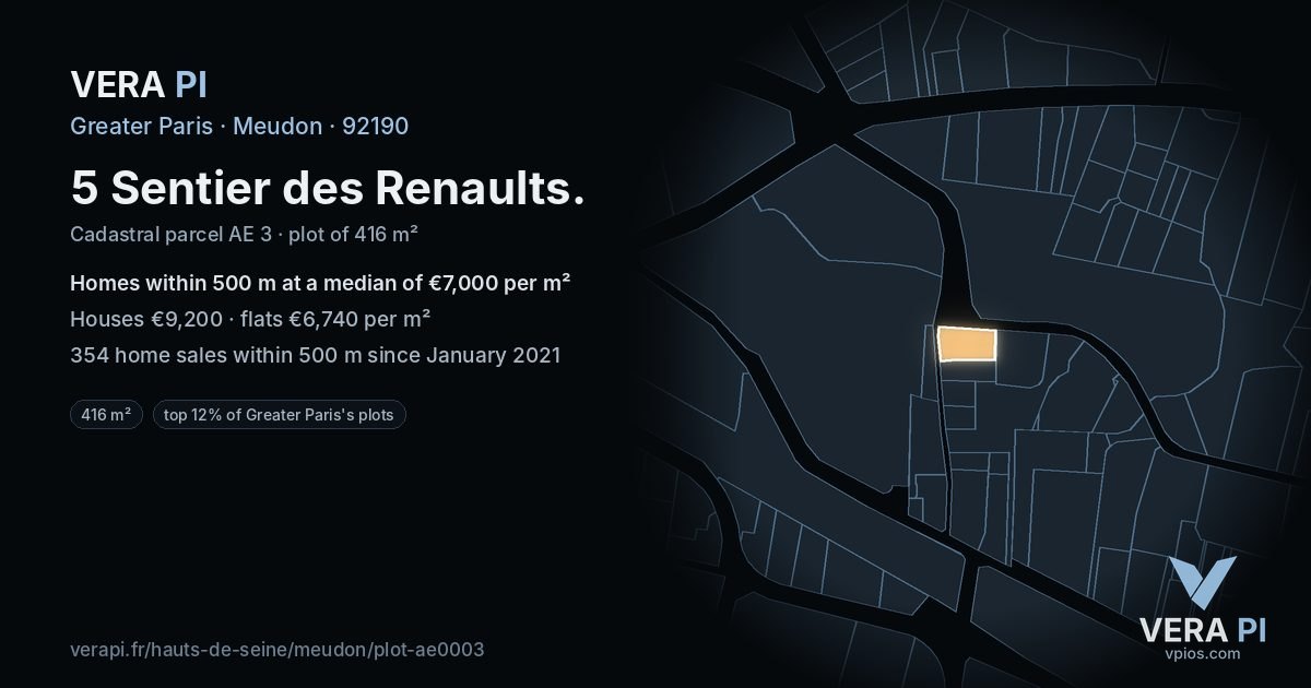 5 Sentier des Renaults, Meudon at night – the plot lit, the parcels around coloured by the prices near them