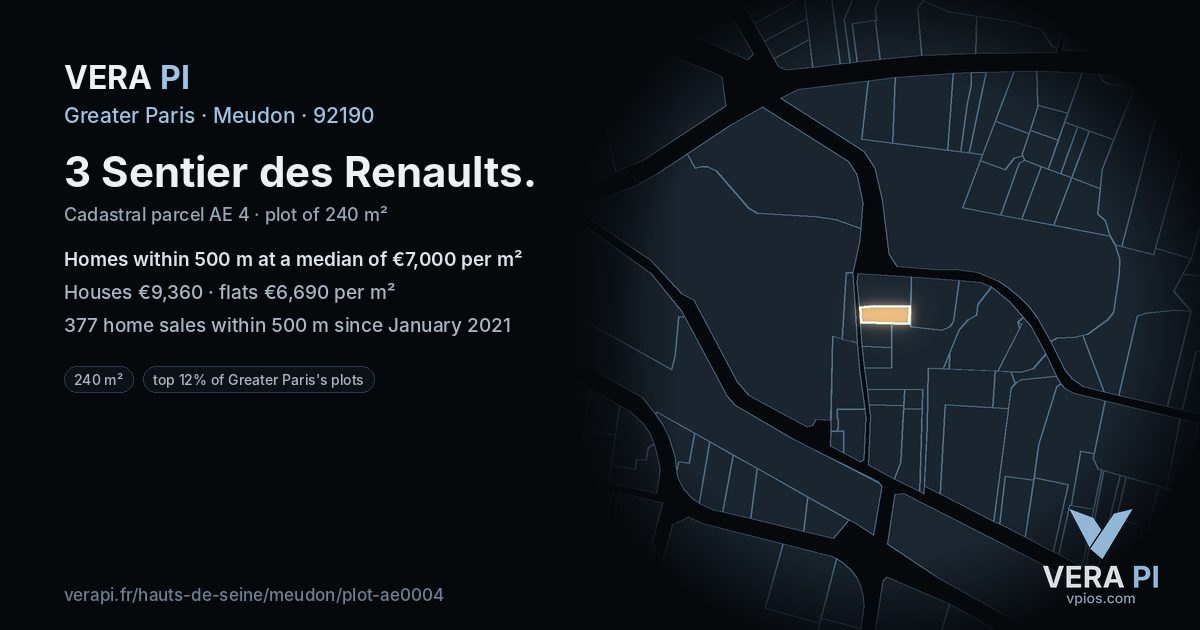 3 Sentier des Renaults, Meudon at night – the plot lit, the parcels around coloured by the prices near them