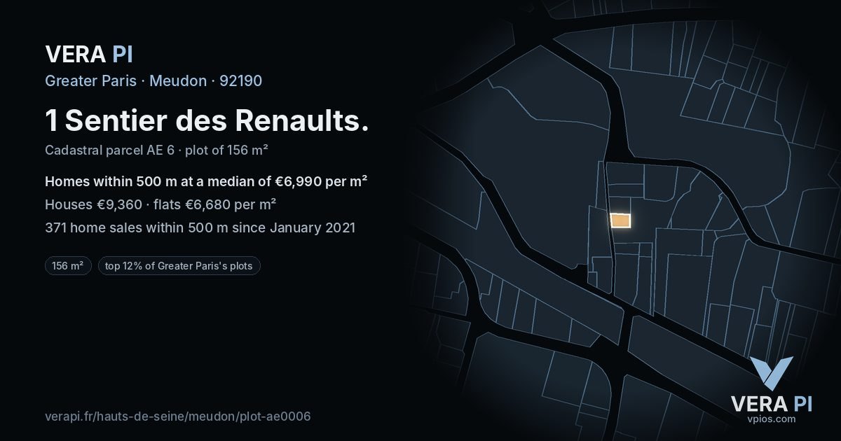 1 Sentier des Renaults, Meudon at night – the plot lit, the parcels around coloured by the prices near them