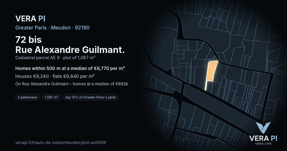 72 bis Rue Alexandre Guilmant, Meudon at night – the plot lit, the parcels around coloured by the prices near them