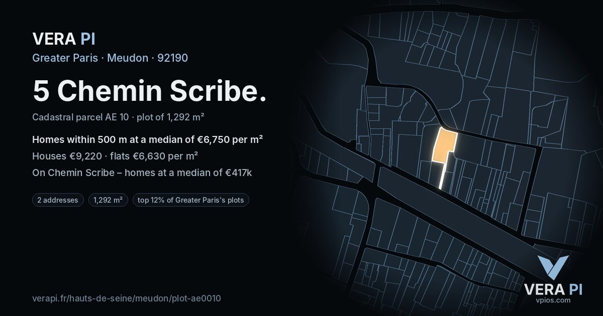5 Chemin Scribe, Meudon at night – the plot lit, the parcels around coloured by the prices near them