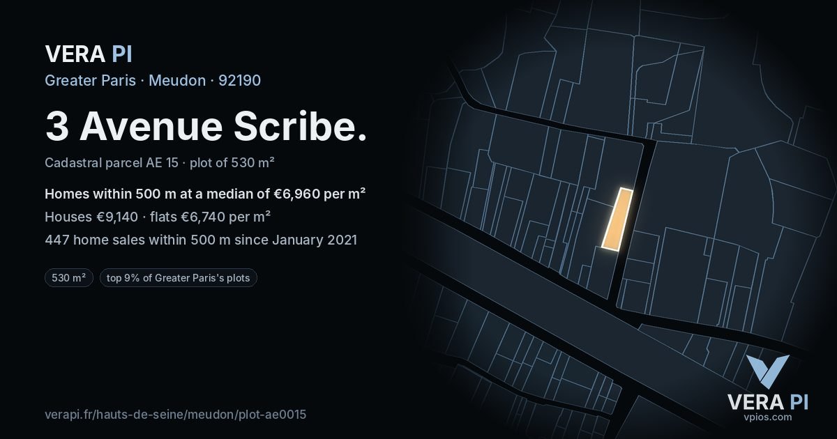 3 Avenue Scribe, Meudon at night – the plot lit, the parcels around coloured by the prices near them