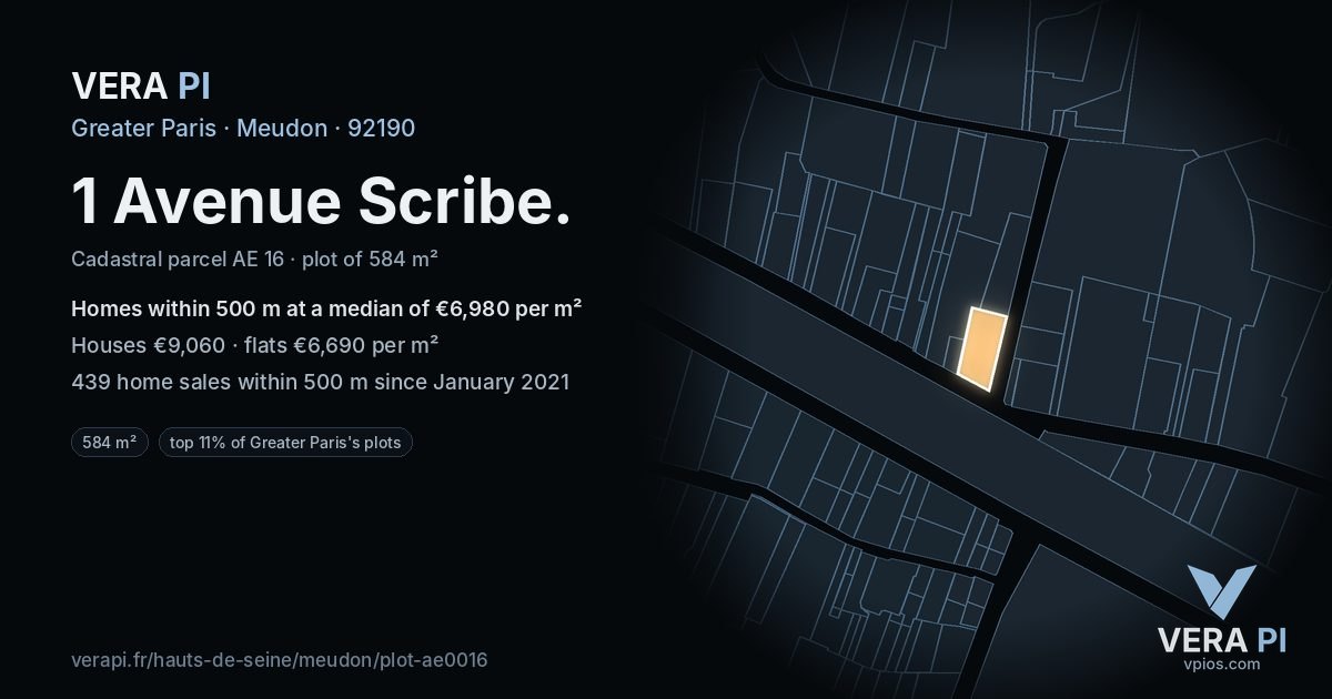 1 Avenue Scribe, Meudon at night – the plot lit, the parcels around coloured by the prices near them