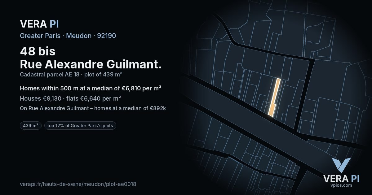 48 bis Rue Alexandre Guilmant, Meudon at night – the plot lit, the parcels around coloured by the prices near them