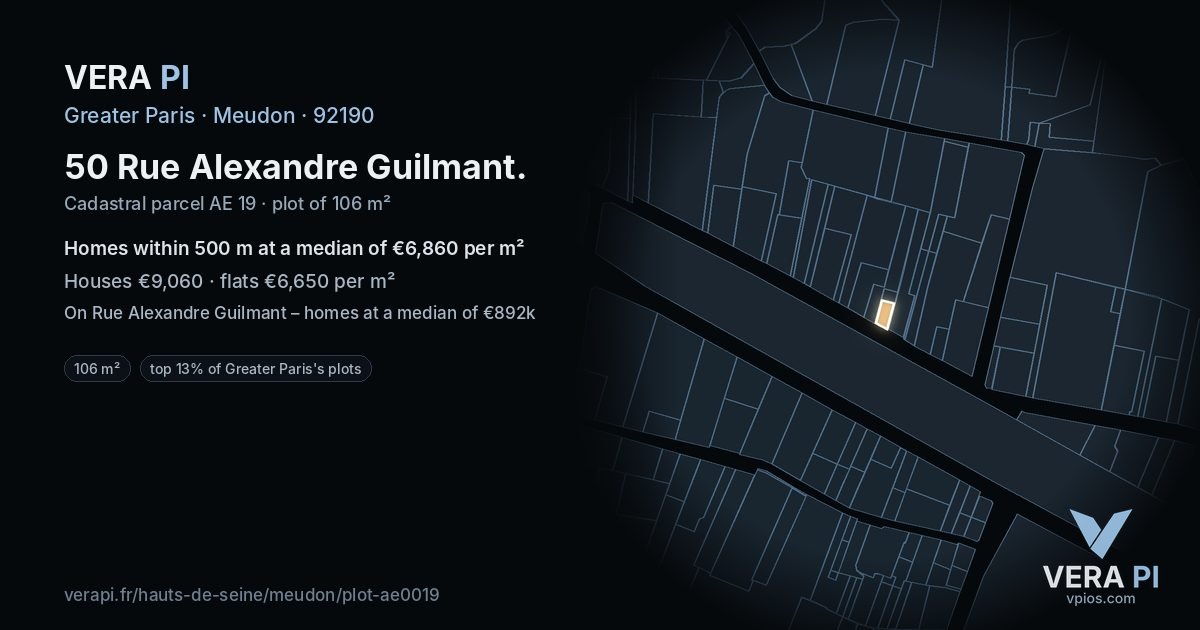 50 Rue Alexandre Guilmant, Meudon at night – the plot lit, the parcels around coloured by the prices near them
