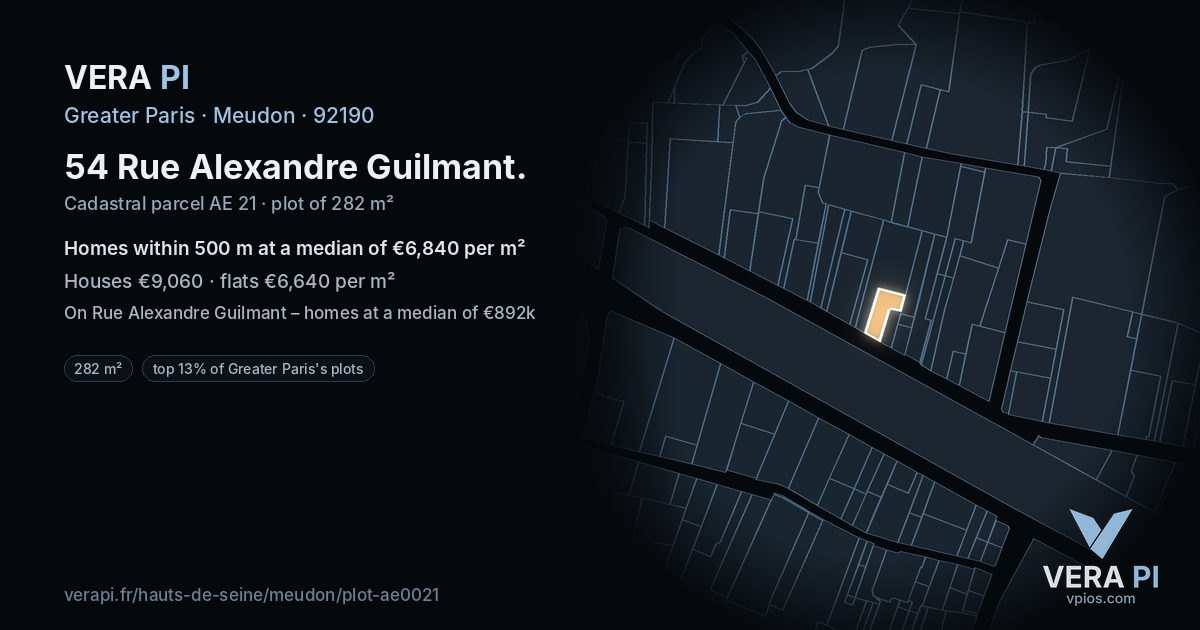 54 Rue Alexandre Guilmant, Meudon at night – the plot lit, the parcels around coloured by the prices near them
