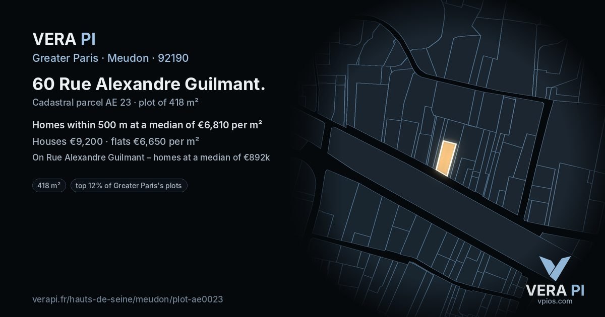 60 Rue Alexandre Guilmant, Meudon at night – the plot lit, the parcels around coloured by the prices near them