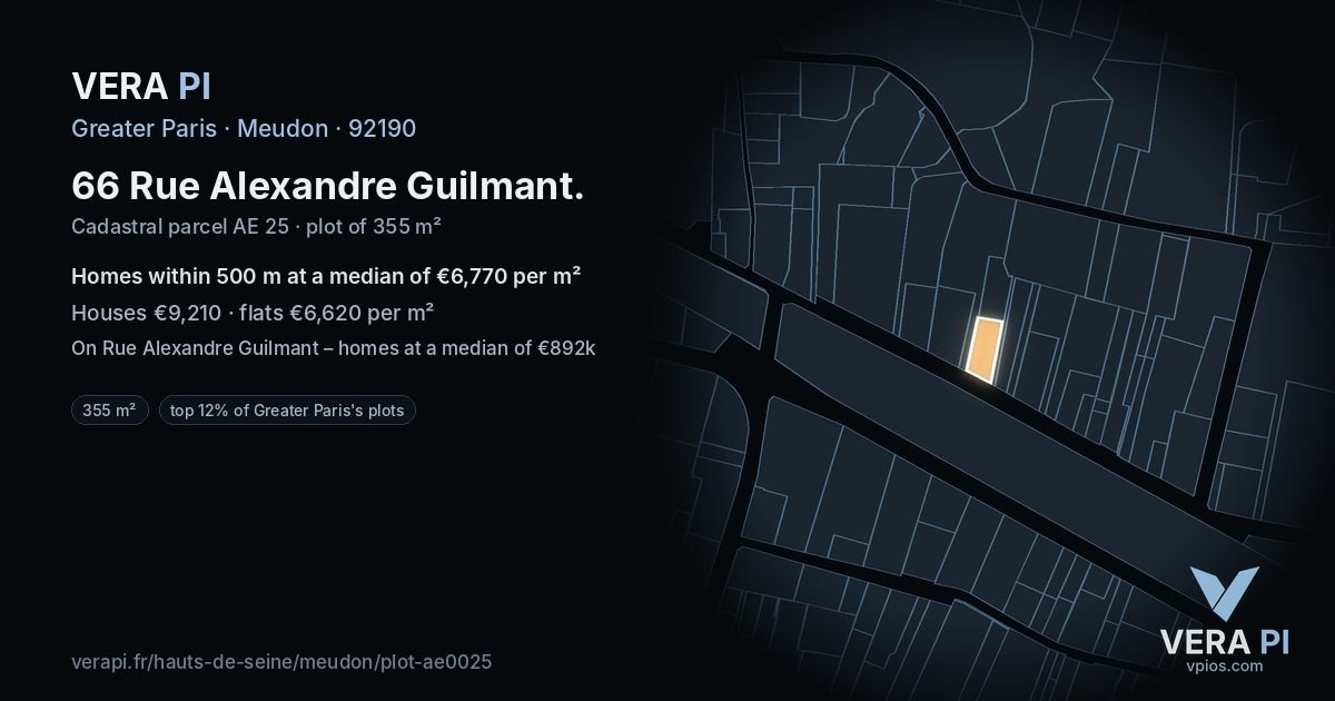 66 Rue Alexandre Guilmant, Meudon at night – the plot lit, the parcels around coloured by the prices near them