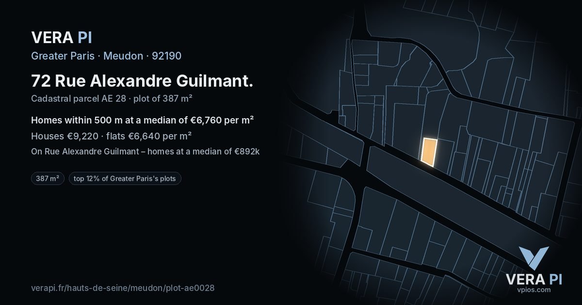 72 Rue Alexandre Guilmant, Meudon at night – the plot lit, the parcels around coloured by the prices near them