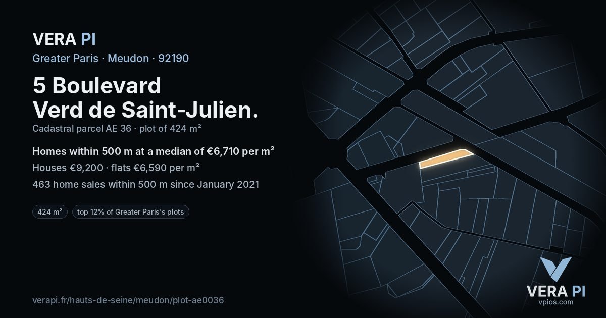 5 Boulevard Verd de Saint-Julien, Meudon at night – the plot lit, the parcels around coloured by the prices near them