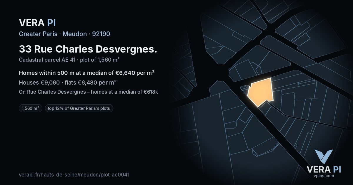 33 Rue Charles Desvergnes, Meudon at night – the plot lit, the parcels around coloured by the prices near them