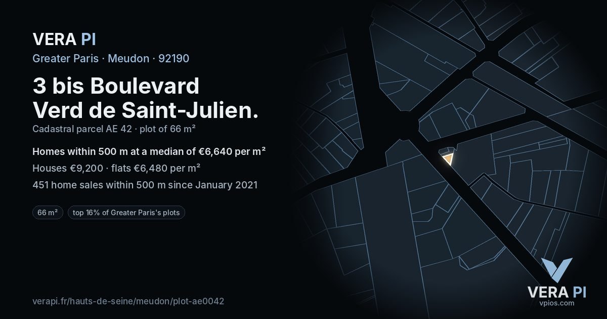 3 bis Boulevard Verd de Saint-Julien, Meudon at night – the plot lit, the parcels around coloured by the prices near them