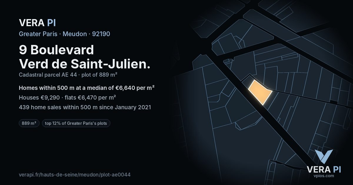 9 Boulevard Verd de Saint-Julien, Meudon at night – the plot lit, the parcels around coloured by the prices near them