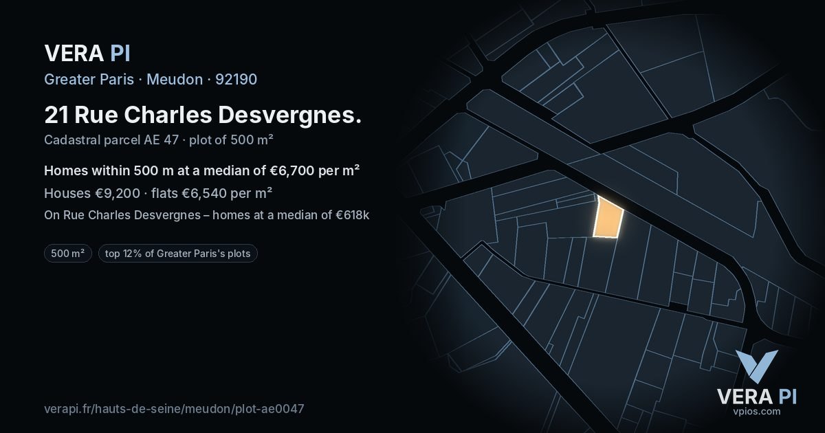 21 Rue Charles Desvergnes, Meudon at night – the plot lit, the parcels around coloured by the prices near them