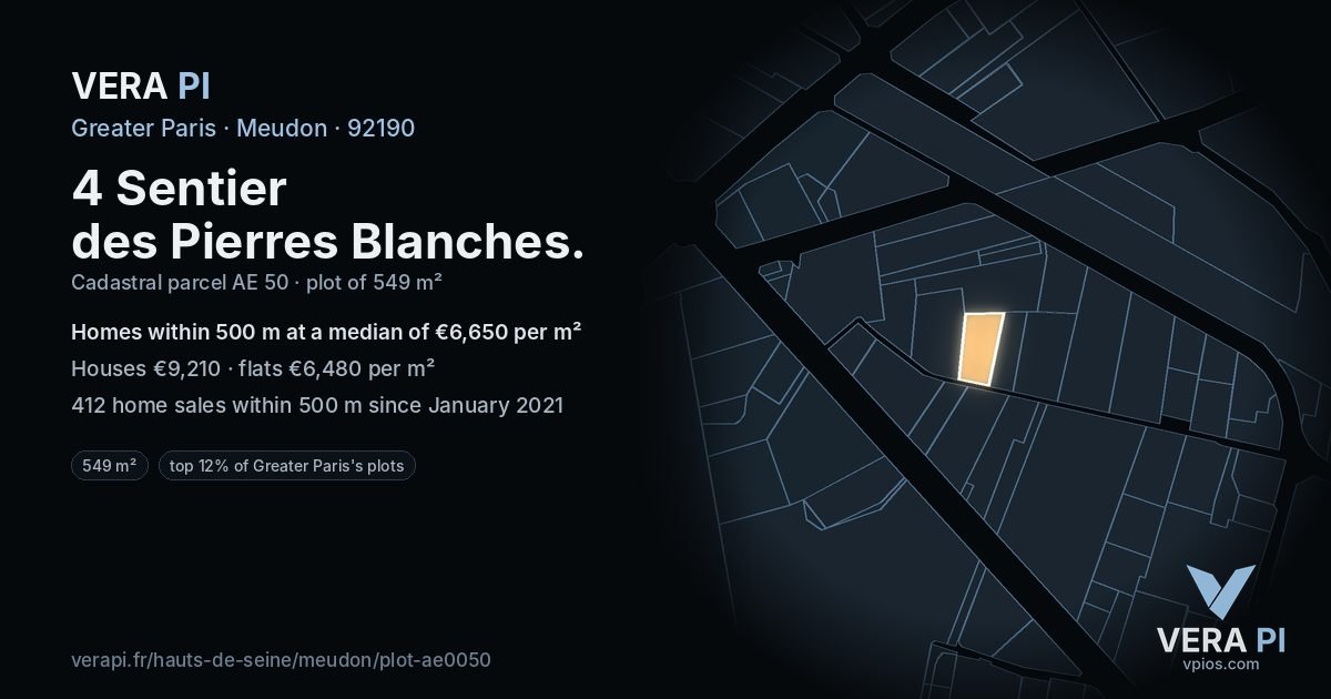 4 Sentier des Pierres Blanches, Meudon at night – the plot lit, the parcels around coloured by the prices near them