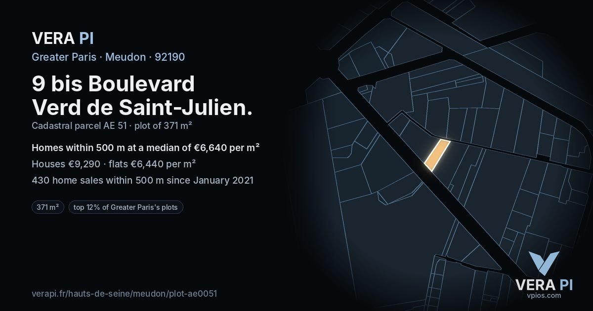 9 bis Boulevard Verd de Saint-Julien, Meudon at night – the plot lit, the parcels around coloured by the prices near them