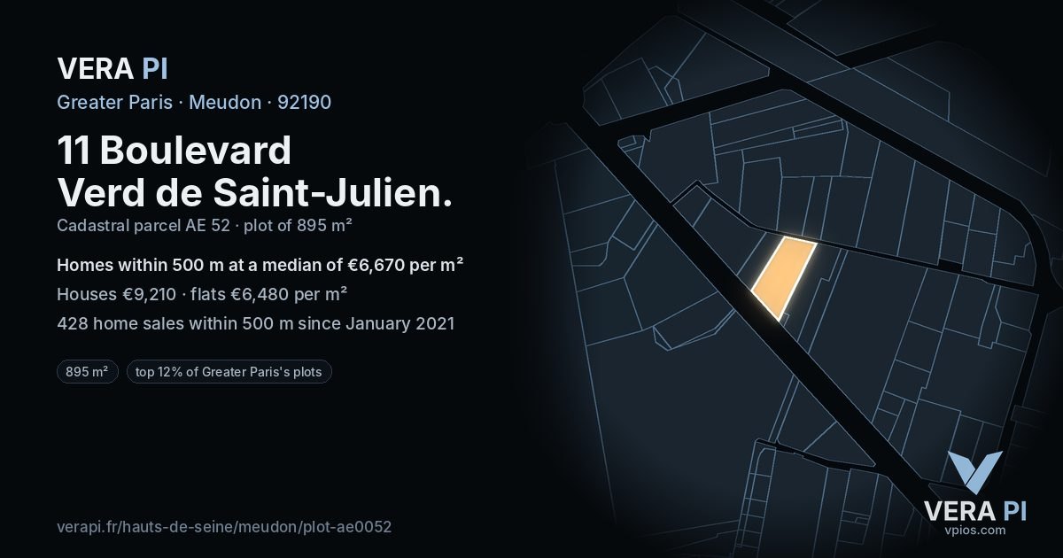 11 Boulevard Verd de Saint-Julien, Meudon at night – the plot lit, the parcels around coloured by the prices near them
