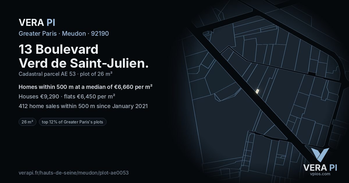 13 Boulevard Verd de Saint-Julien, Meudon at night – the plot lit, the parcels around coloured by the prices near them