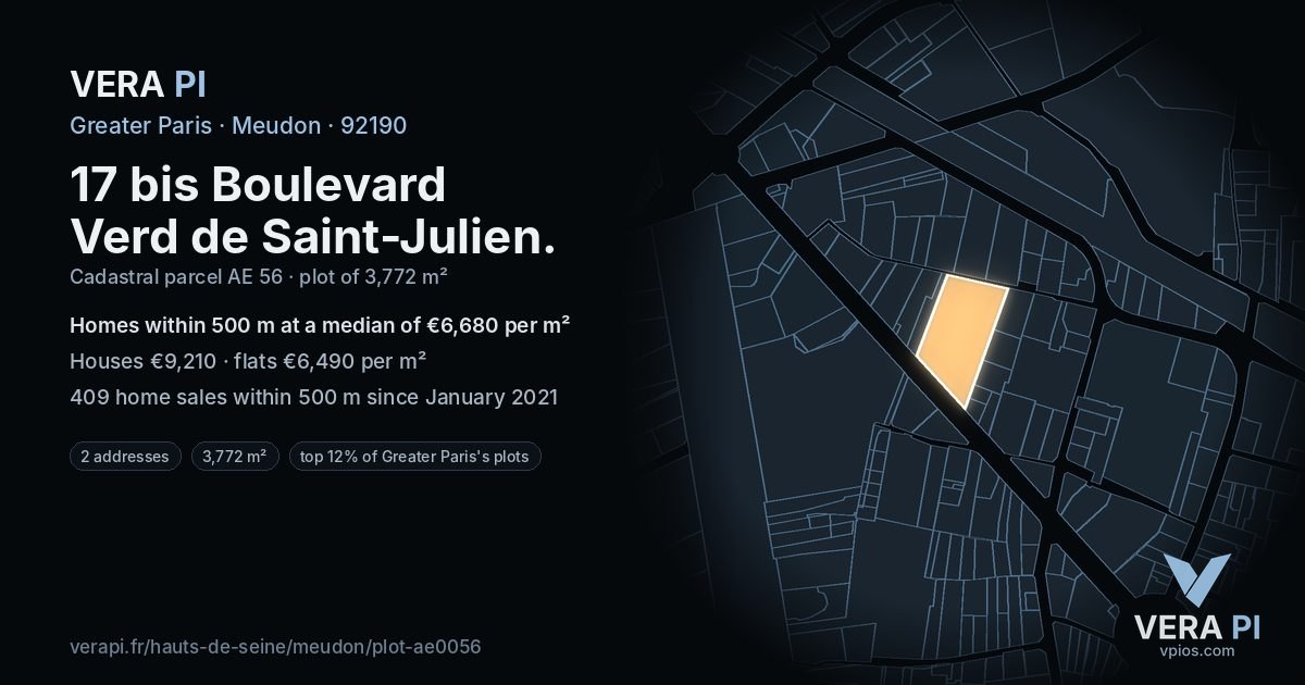 17 bis Boulevard Verd de Saint-Julien, Meudon at night – the plot lit, the parcels around coloured by the prices near them