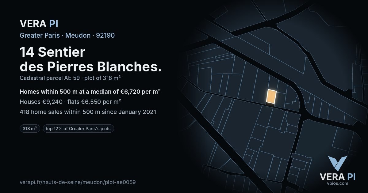 14 Sentier des Pierres Blanches, Meudon at night – the plot lit, the parcels around coloured by the prices near them