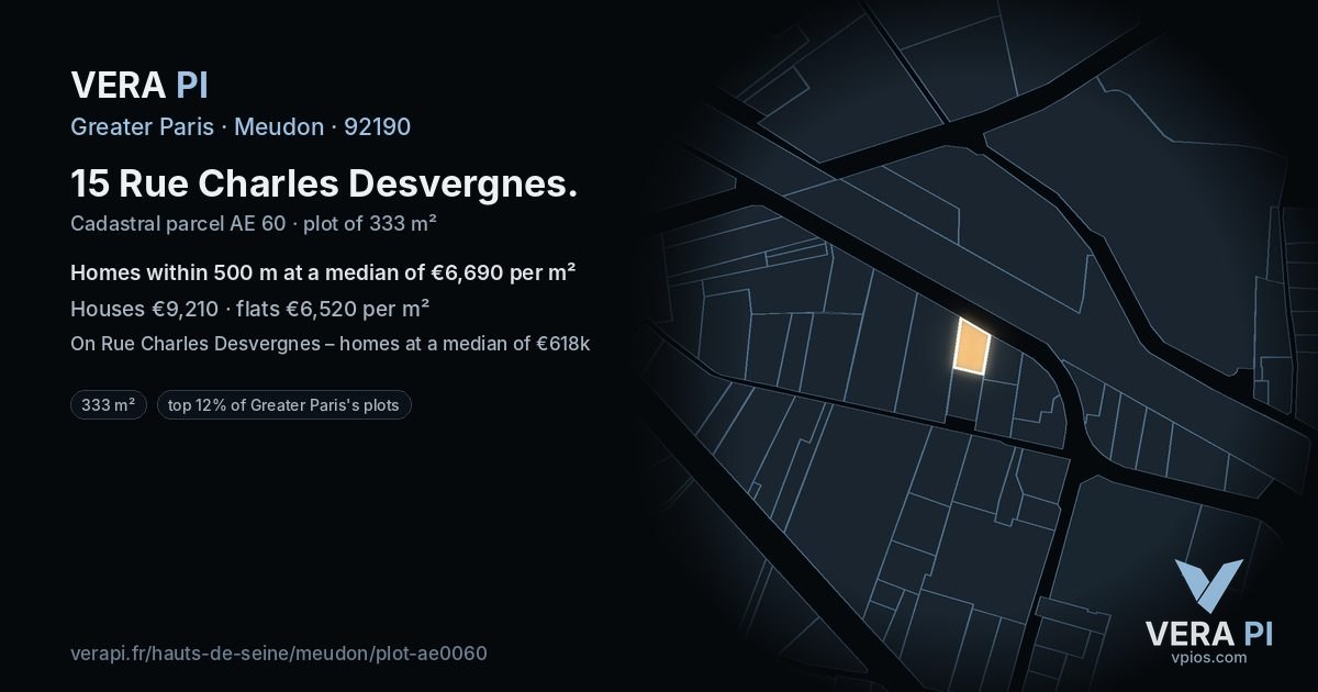 15 Rue Charles Desvergnes, Meudon at night – the plot lit, the parcels around coloured by the prices near them