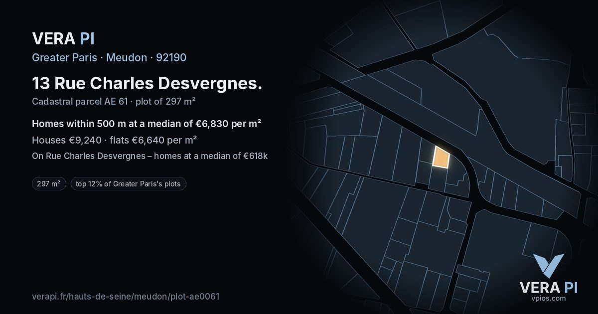 13 Rue Charles Desvergnes, Meudon at night – the plot lit, the parcels around coloured by the prices near them