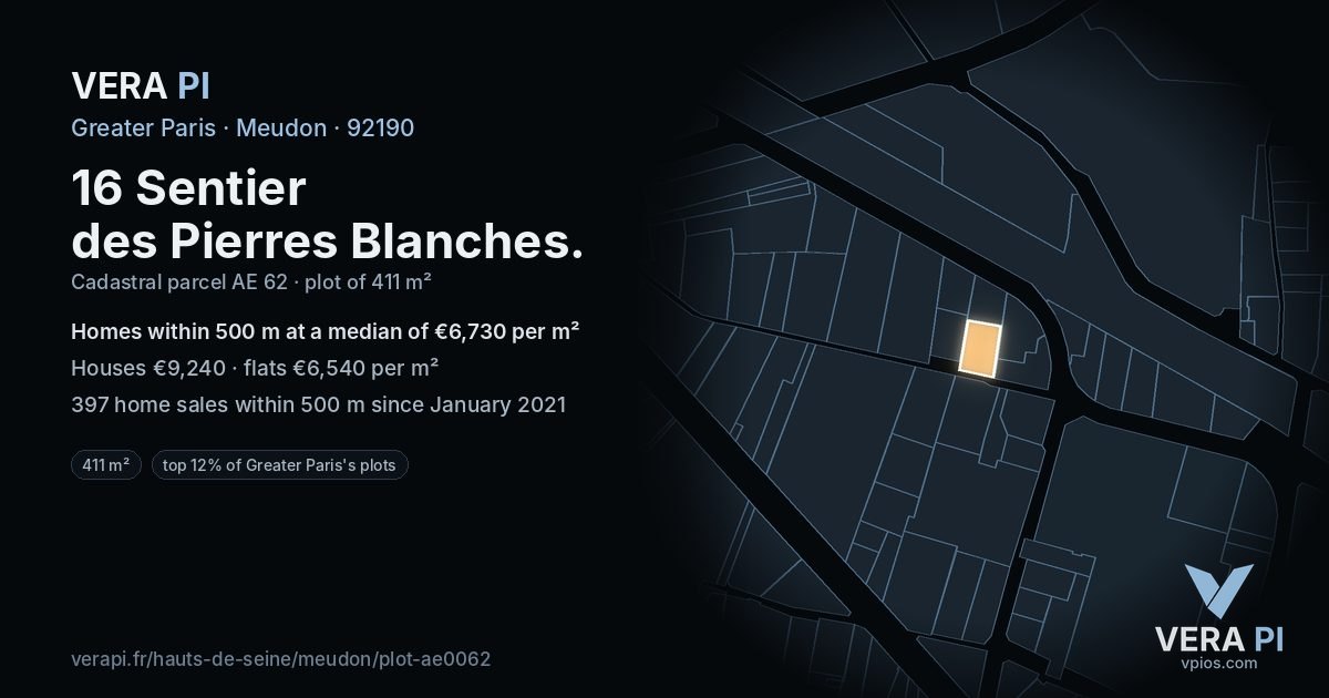 16 Sentier des Pierres Blanches, Meudon at night – the plot lit, the parcels around coloured by the prices near them