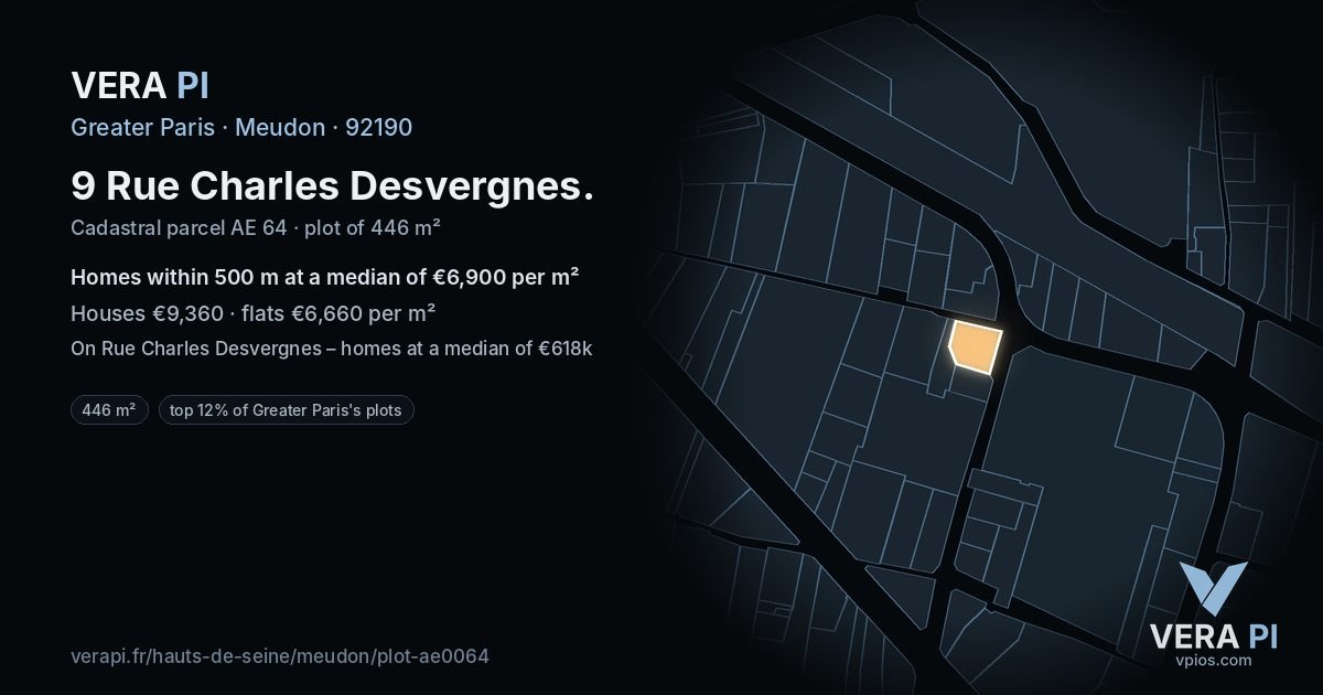 9 Rue Charles Desvergnes, Meudon at night – the plot lit, the parcels around coloured by the prices near them