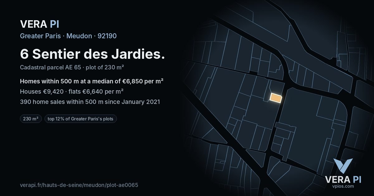6 Sentier des Jardies, Meudon at night – the plot lit, the parcels around coloured by the prices near them