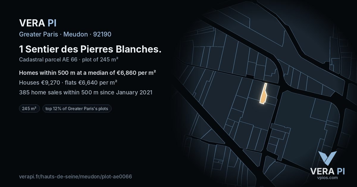 1 Sentier des Pierres Blanches, Meudon at night – the plot lit, the parcels around coloured by the prices near them
