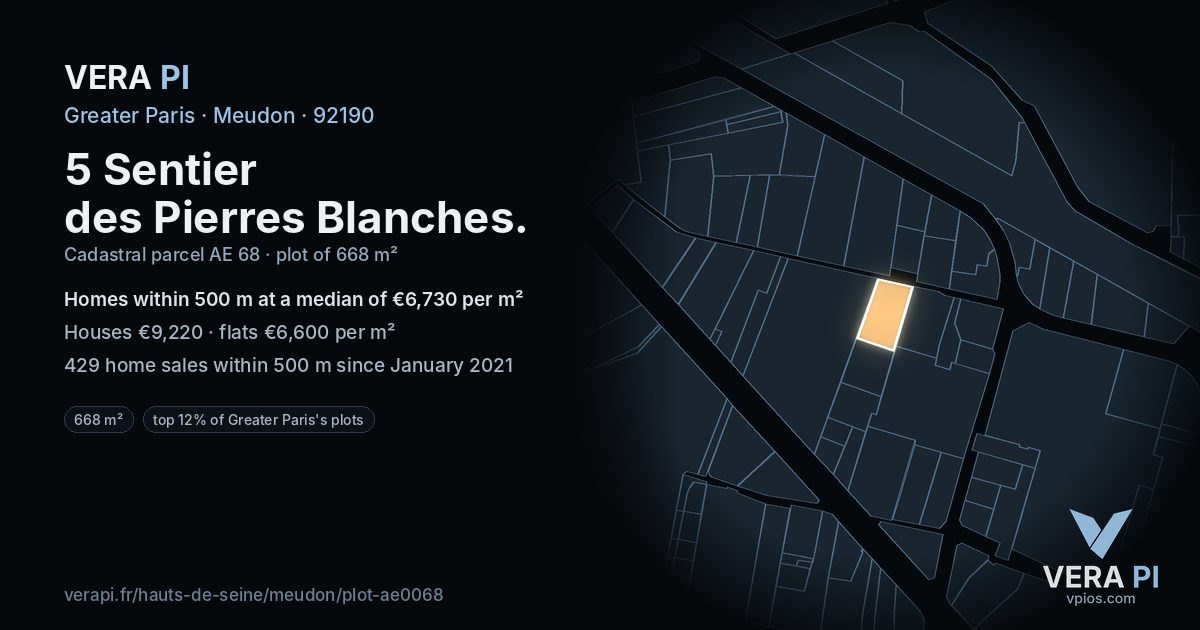 5 Sentier des Pierres Blanches, Meudon at night – the plot lit, the parcels around coloured by the prices near them