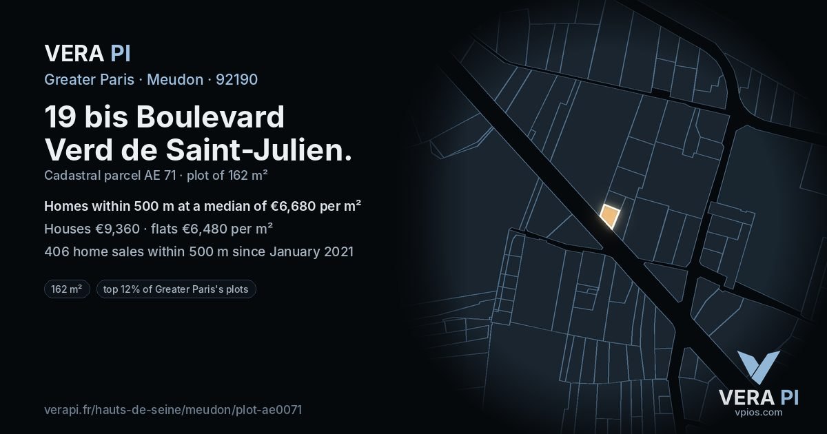 19 bis Boulevard Verd de Saint-Julien, Meudon at night – the plot lit, the parcels around coloured by the prices near them