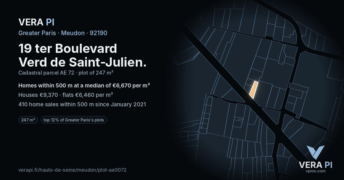 19 ter Boulevard Verd de Saint-Julien, Meudon at night – the plot lit, the parcels around coloured by the prices near them